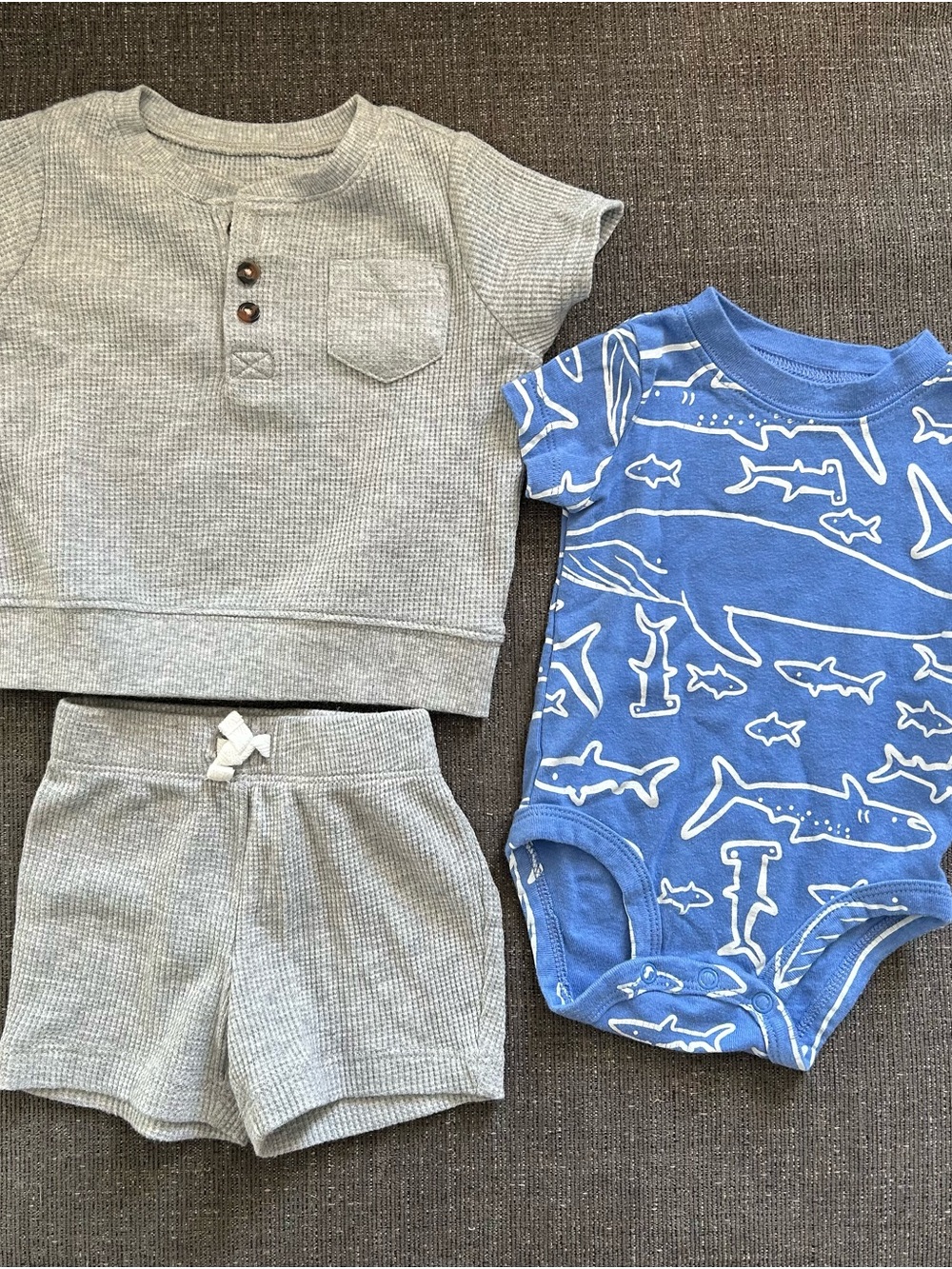 5/$25 Carters Baby Boy Two-Piece Gray Waffle Set + Blue Shark Bodysuit